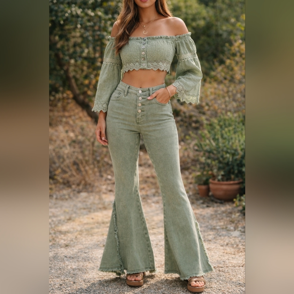 088 POL Olive Green High-Waist Flare Jeans- New